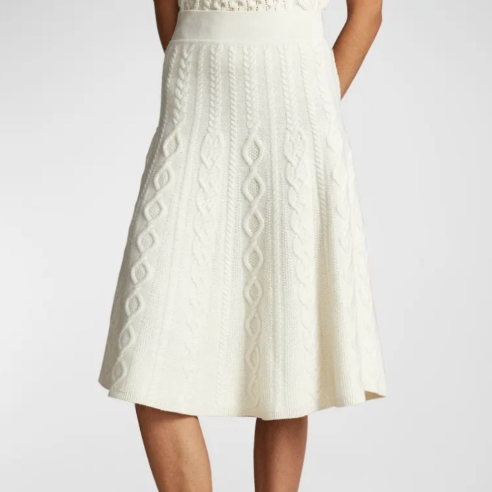 Ralph Lauren Cable Knit Wool Cashmere A-Line Skirt Midi Flare $598 M Ivory White